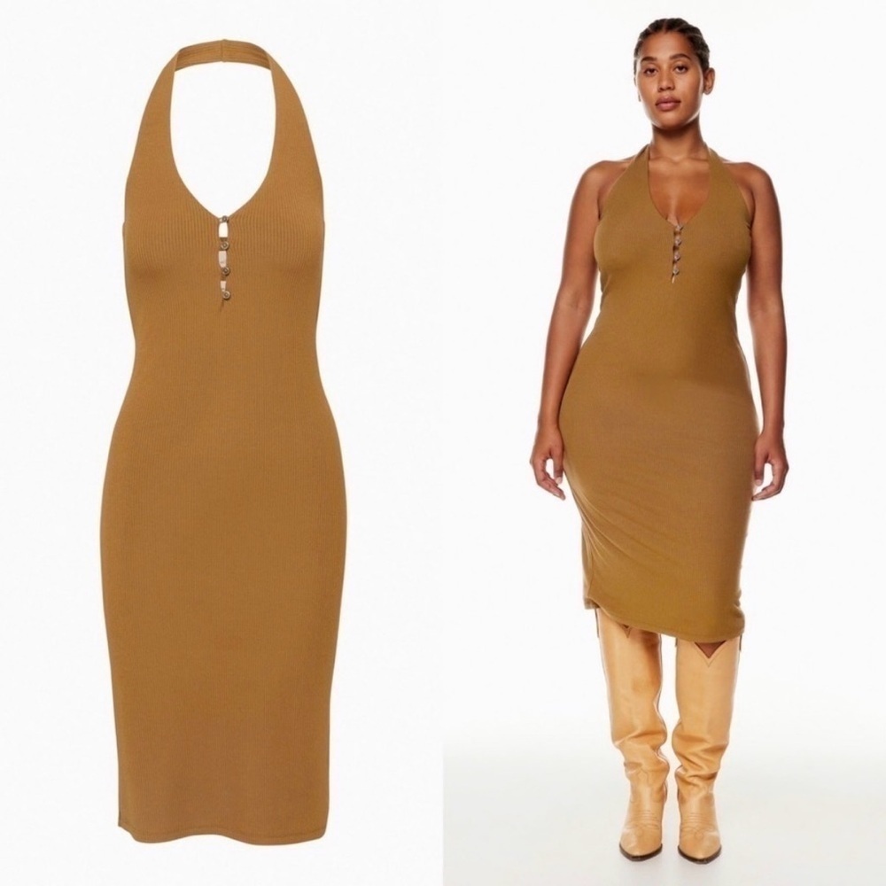 Aritzia Wilfred Temperature Ribbed Halter Midi Dress Small Rich Chestnut Brown